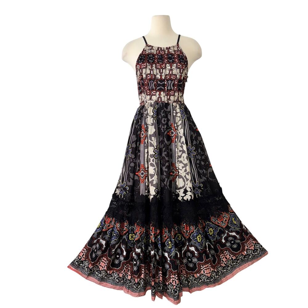 Anthropologie Bhanuni by Jyoti Tiered Bohemian Maxi Dress Black Multi | 0 NWT